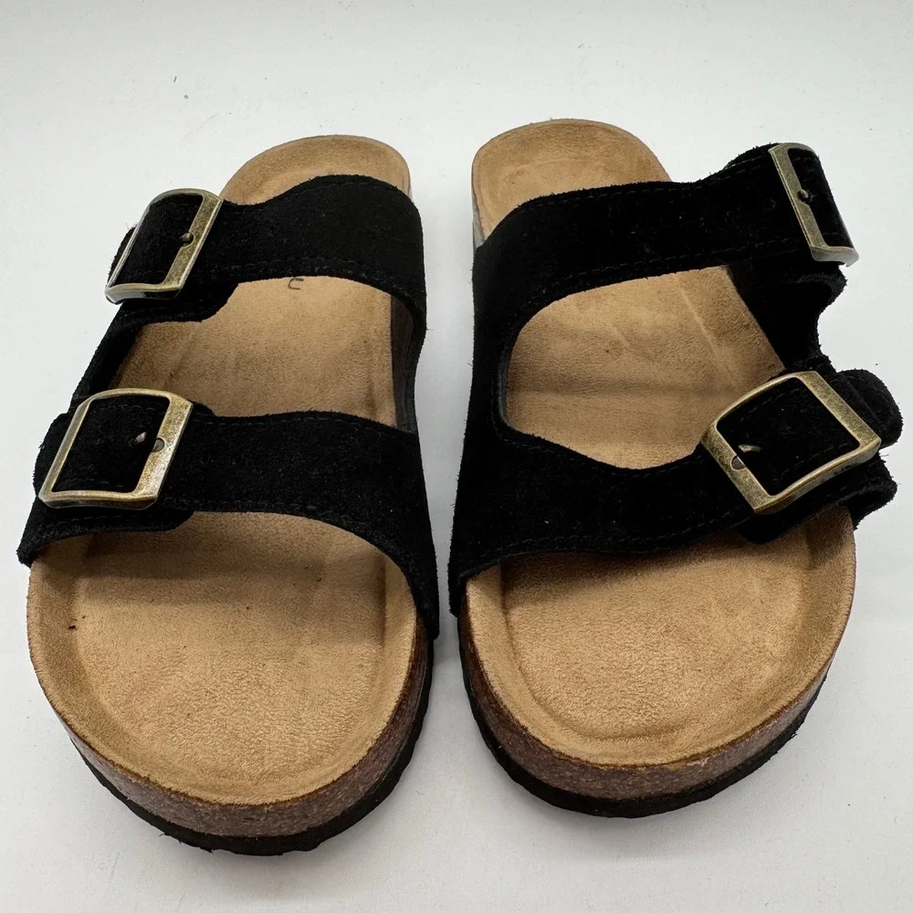 Khombu Mens Black Suede Two Strap Buckle Slide Sandals Comfort Size 8